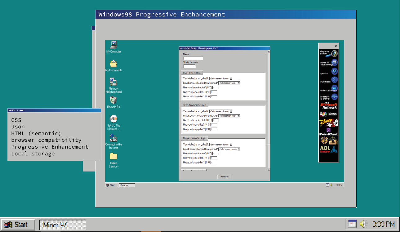 Project: Progressive Windows 98. Site focused on progressive enchancement